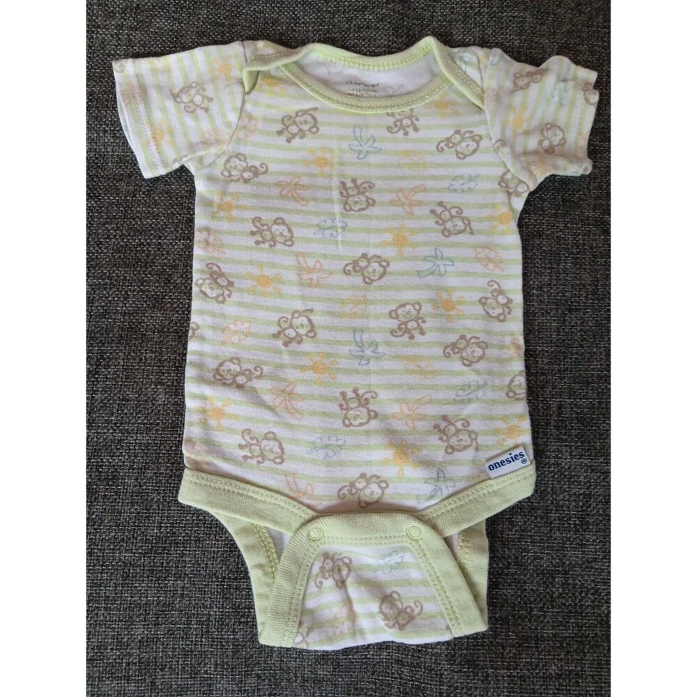 Gerber Shirt 0 To 3 month Boys White Green Short sleeve Snap Bottom Monkey